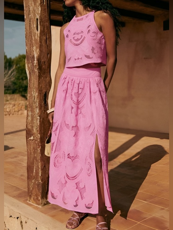 Sezane Dresses & Skirts - Sezane Pink Lace Midi Skirt with Front Slit